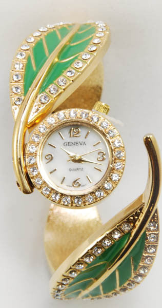Geneva Green Leaf Watch with Gold Plated Metal Loop