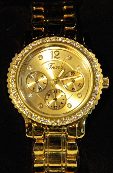 Tecno Sport Gold Tone Metal Watch with Cubic Zirconia for Women
