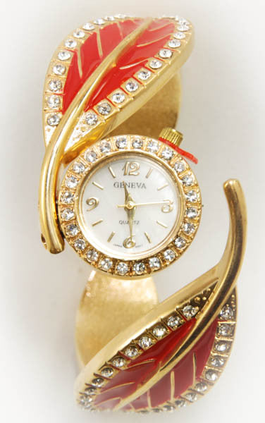 Geneva Red Leaf Watch with Gold Plated Metal Loop