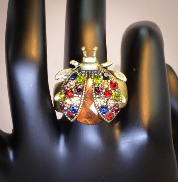 Big Lady Bug Ring with Colorful Rhinestone, Adjustable