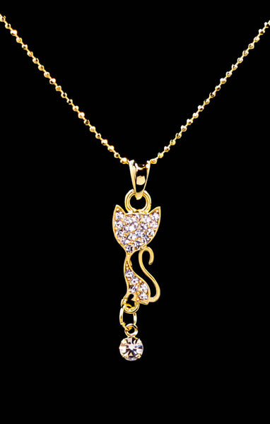 Cute Gold Plated Cat Pendant Necklace with Cubic Zirconia