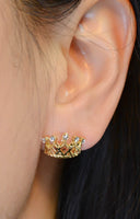 Gold Round Princess Crown Earrings with Cubic Zirconia