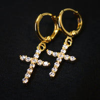 Cubic Zirconia Gold-Tone Cross Drop Earrings
