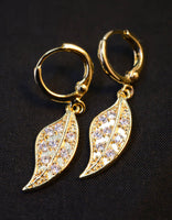 Drop Down Gold-Tone Leaf Earrings with Cubic Zirconia