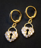 Crystal Gold Dangle Heart Lock Earrings