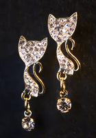 Gold Plated Crystal Kitty Cat Stud Earrings