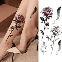 Women's Fashion Flower Temporary Tattoos Sticker Fake Rose Feather TatooS Decal Waterproof Body Art Legs Arm Tatoos For Women