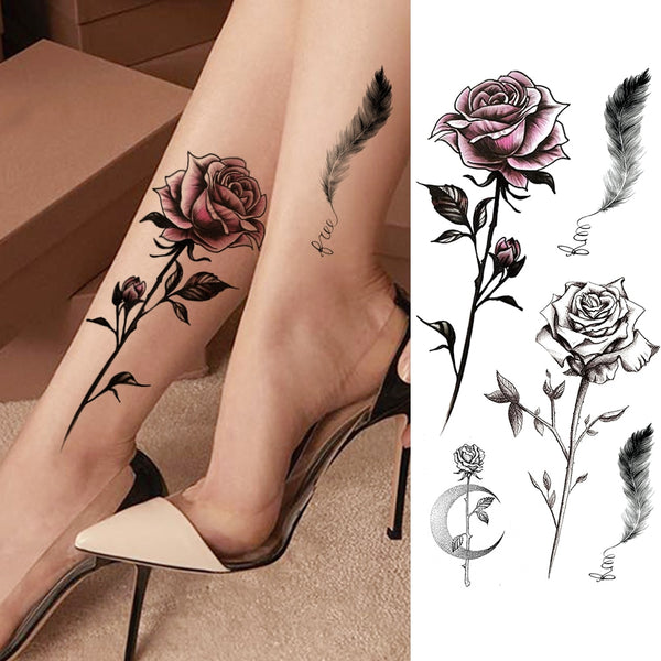 Women's Fashion Flower Temporary Tattoos Sticker Fake Rose Feather TatooS Decal Waterproof Body Art Legs Arm Tatoos For Women