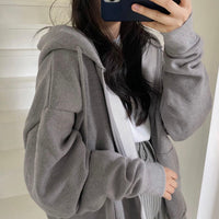 Women Korean Version Loose Hoodies Long Sleeve Zip Up Solid Pocket Oversized Sweatshirts Female Thin Harajuku Hooded Coat Top