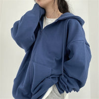 Women Korean Version Loose Hoodies Long Sleeve Zip Up Solid Pocket Oversized Sweatshirts Female Thin Harajuku Hooded Coat Top