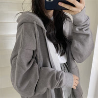 Women Korean Version Loose Hoodies Long Sleeve Zip Up Solid Pocket Oversized Sweatshirts Female Thin Harajuku Hooded Coat Top