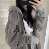 Women Korean Version Loose Hoodies Long Sleeve Zip Up Solid Pocket Oversized Sweatshirts Female Thin Harajuku Hooded Coat Top