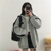 Women Korean Version Loose Hoodies Long Sleeve Zip Up Solid Pocket Oversized Sweatshirts Female Thin Harajuku Hooded Coat Top
