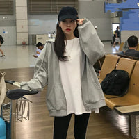 Women Korean Version Loose Hoodies Long Sleeve Zip Up Solid Pocket Oversized Sweatshirts Female Thin Harajuku Hooded Coat Top