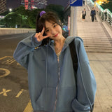 Women Korean Version Loose Hoodies Long Sleeve Zip Up Solid Pocket Oversized Sweatshirts Female Thin Harajuku Hooded Coat Top
